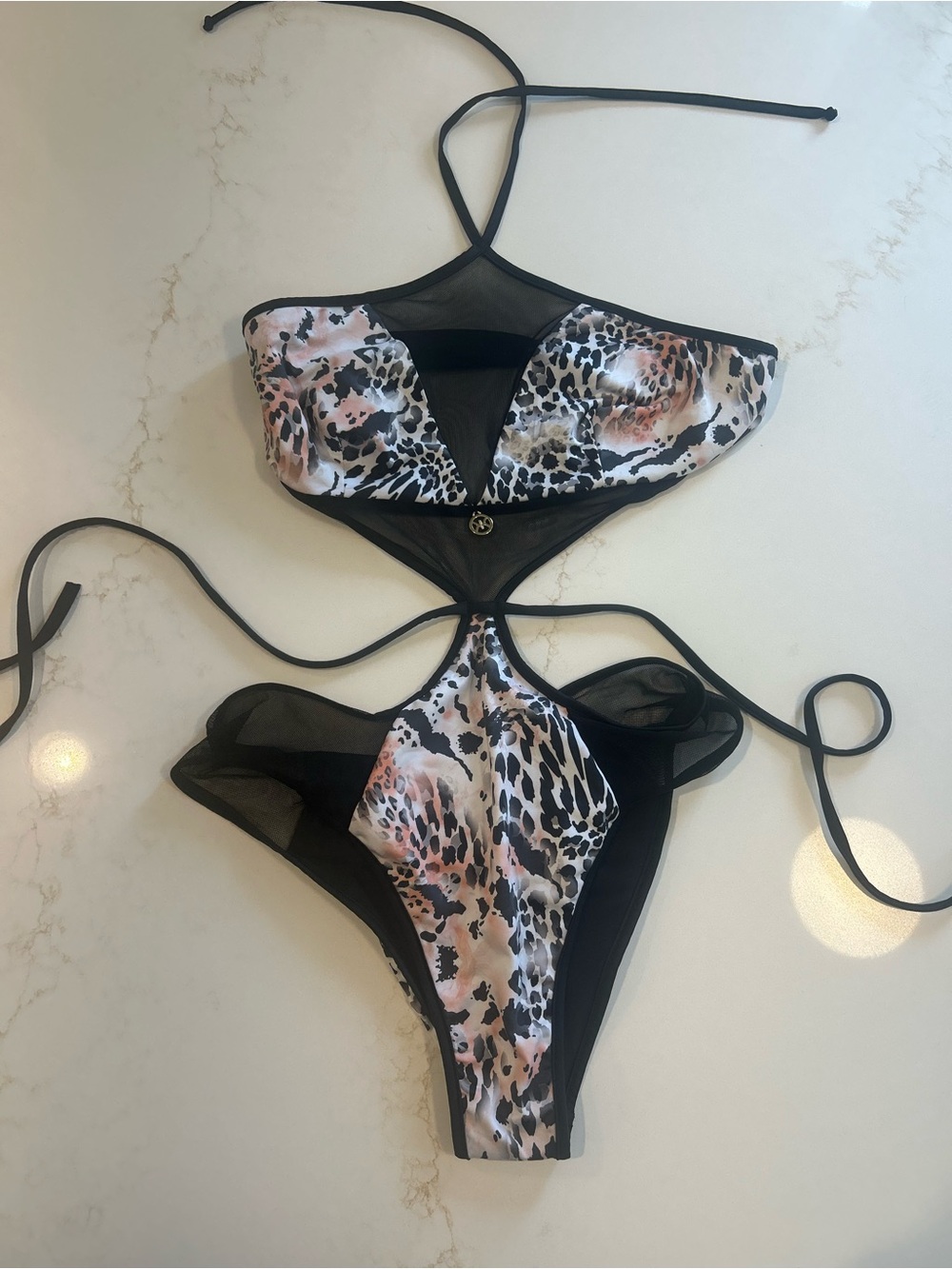 NEW Sheer Black & Leopard-Print Strappy One-Piece Swimwear